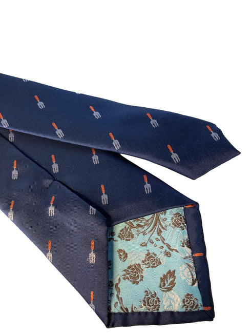 navy mens tie with gardening fork trowel quirky design